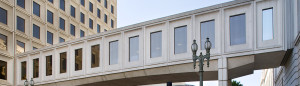 Looking up at exterior of Bridge Gallery at Los Angeles City Hall