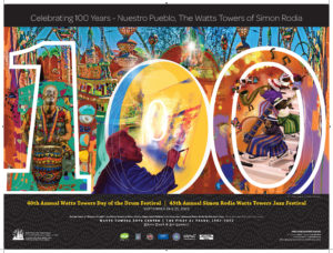 Graphic for the 40th Annual Watts Towers Day of the Drum Festival and the 45th Annual Simon Rodia Watts Towers Jazz Festival