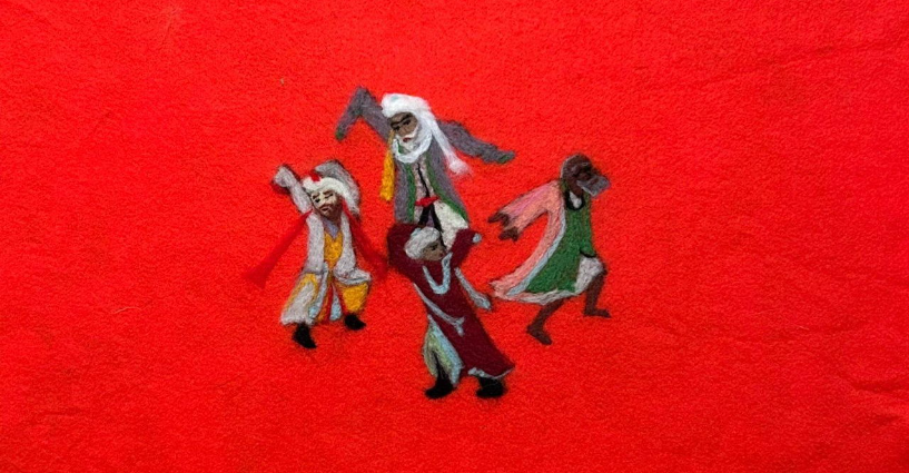 Four figures surround each other in a circle moving with arm gestures. There is a vibrant red color in the background.