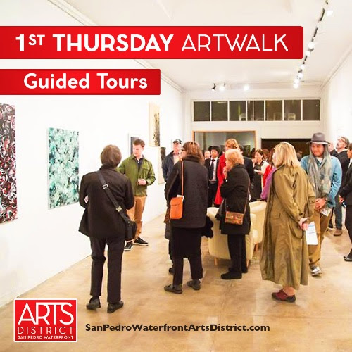 White font on the left that states 1st Thursday Artwork. Image in the background features people observing artwork in the gallery.