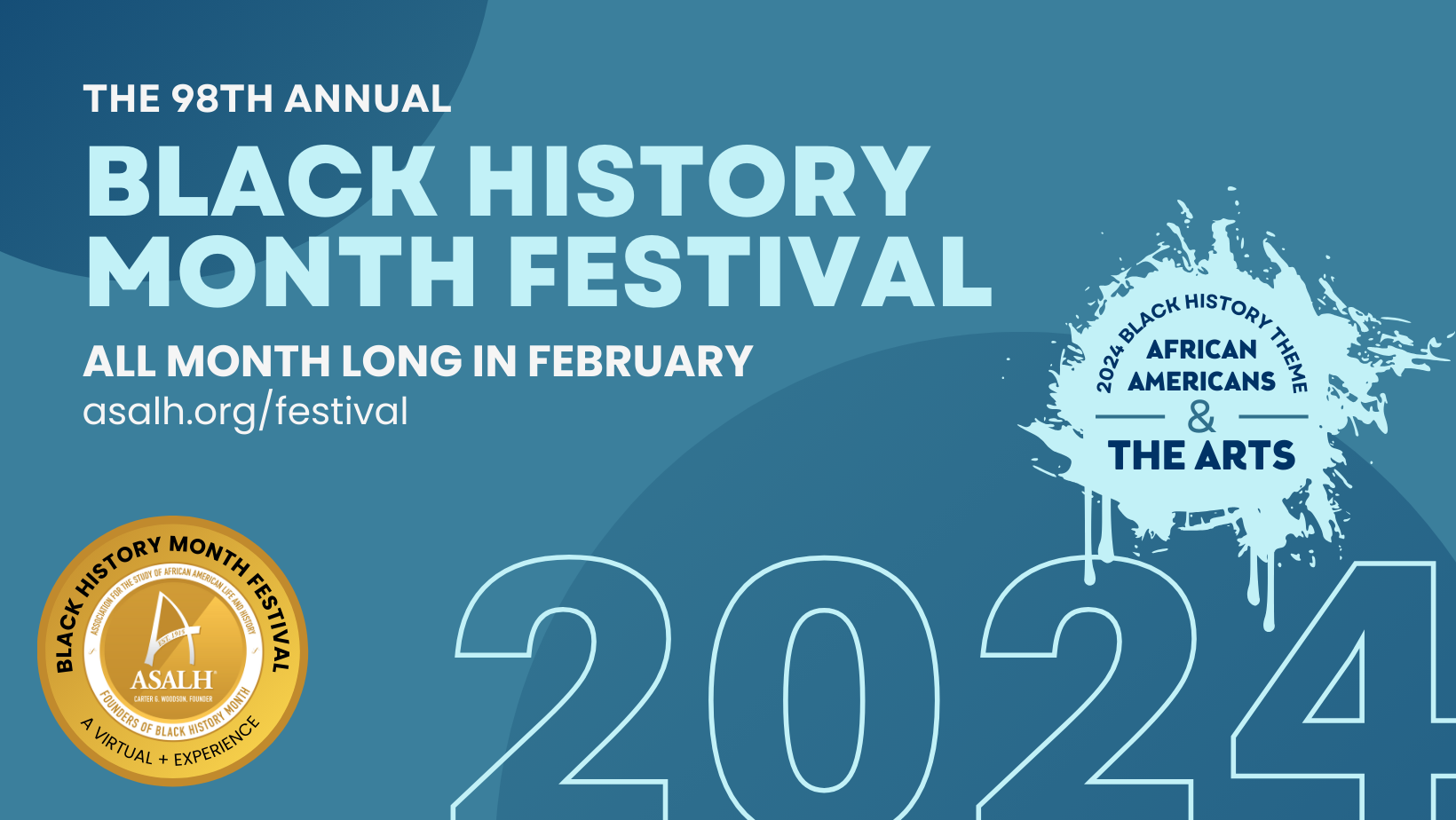 The image is a promotional poster for the 98th Annual Black History Month Festival with text describing the event's theme and dates. It features a logo and graphic design elements related to Black history. The poster promotes a virtual experience and includes information about the founder, Carter G. Woodson.