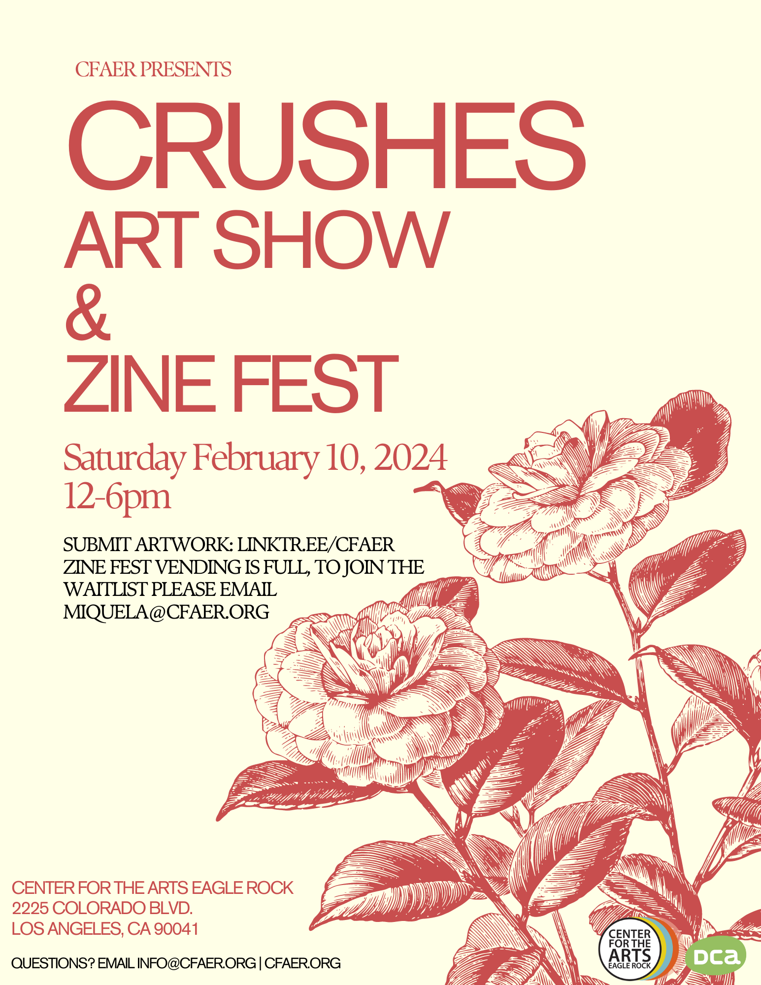 The image is a poster for an art show and zine fest organized by CFAER, featuring text and a plant illustration on the book cover. The event is scheduled for Saturday, February 10, 2024, from 12-6pm at the Center for the Arts Eagle Rock in Los Angeles, California. The poster also includes information on submitting artwork and joining the waitlist for vending at the zine fest.