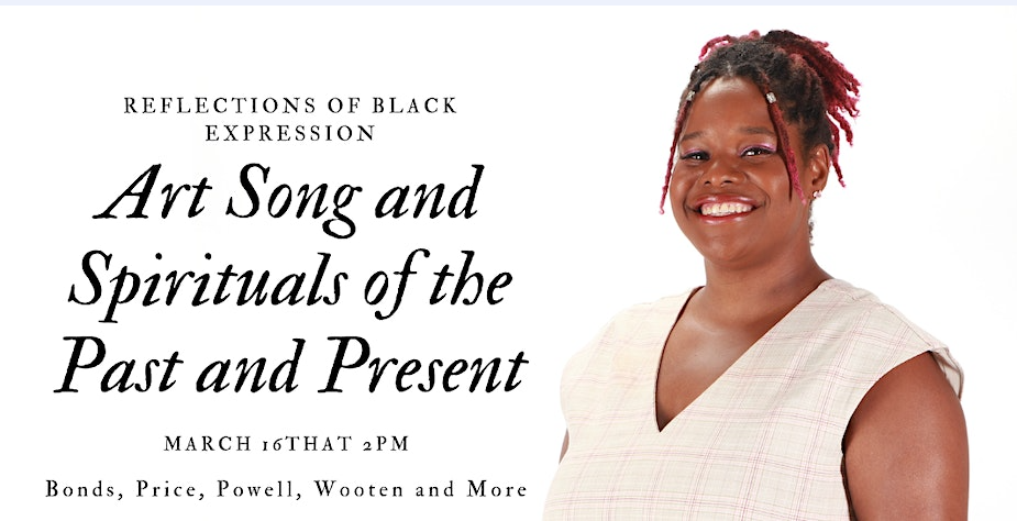 The image shows a woman smiling with text overlay above her. The text on the image reads "REFLECTIONS OF BLACK, EXPRESSION, Art Song and Spirituals of the Past and Present, MARCH 16TH AT 2PM, Bonds, Price, Powell, Wooten and More." The woman in the image is wearing clothing and the focus is on her face and smile.