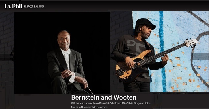 The image shows a man playing a guitar next to another man in a suit. The man playing the guitar is Gustavo Dudamel, the music and artistic director. The event involves music from Bernstein's West Side Story and features an electric bass icon.