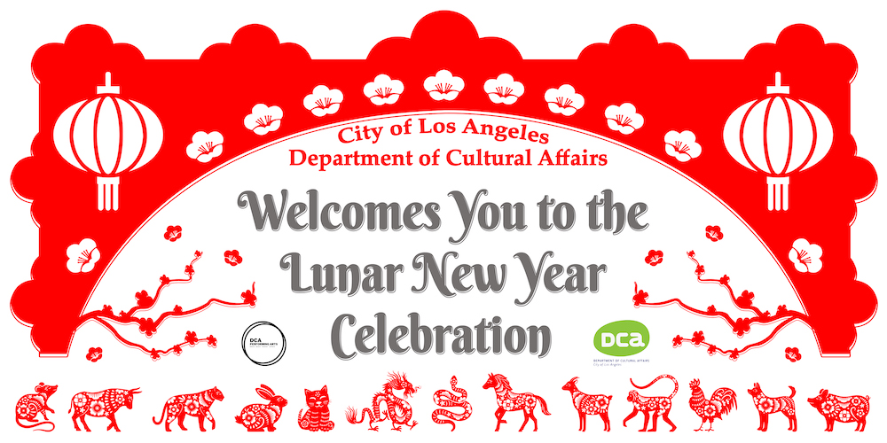 The image contains text that says: "City of Los Angeles Department of Cultural Affairs Welcomes You to the Lunar New Year Celebration DCA DCa." It features a mix of fonts and graphics in red, possibly in an illustration or design format.